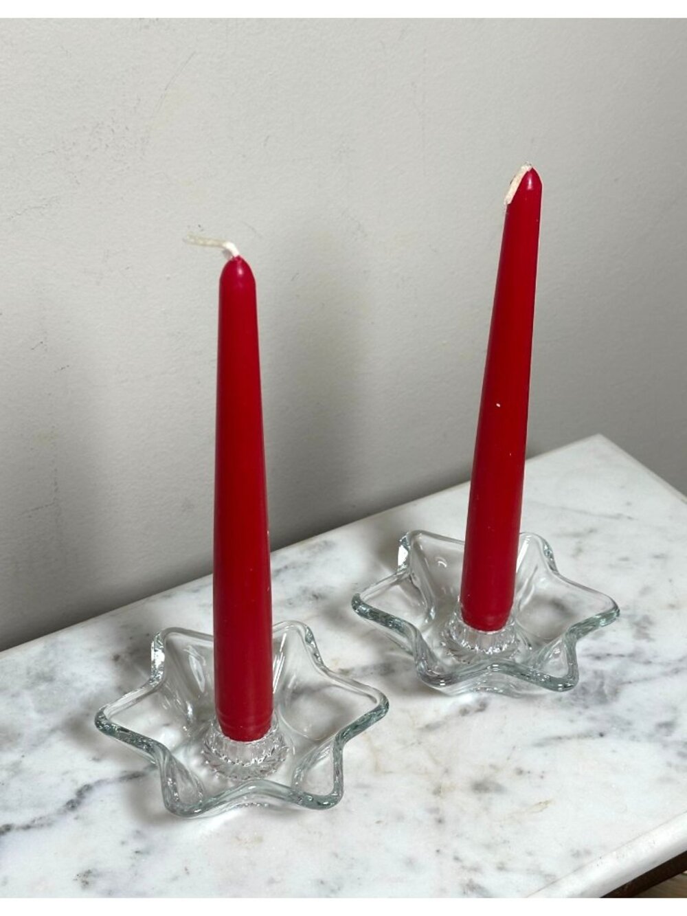 Vintage Clear Glass Star Candlestick Holders Set of 2 Flower Shaped Taper Candle